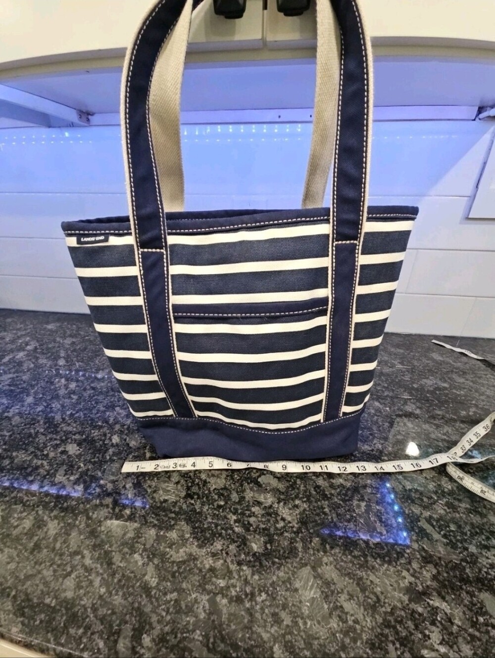 Lands' End Medium Canvas Boat Tote Bag Navy and White Striped